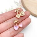 Pink heart crystal cherry pendant charm with golden metal base for DIY jewelry making - KC Gold Pink Rhinestone Heart Cherry L-Big R-Small (23410)