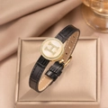 Black leather strap bracelet with gold buckle and crystal H-motif in luxury watch style - Black
