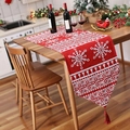 Christmas knitted table runner featuring red snowflake patterns and tassels on a wood table - Style C Red Snowflake Reindeer