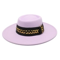 Detail of light purple wool fedora hat with black ribbon and gold chain embellishment - 57-59cm / Taro Purple