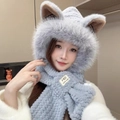 Furry light grey winter hat and scarf set with cute plush fox ears for women - Gray