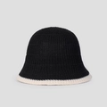 Detail of summer knit bucket hat featuring black texture and cream contrast trim edge - Black
