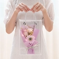 Artificial purple rose bouquet with warm LED lights in a clear PVC gift tote bag - 3-Flower Box [Noble Purple Rose + Sunflower] + Light + Card