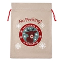 Christmas burlap gift bag with red drawstring and Rudolph No Peeking graphic - Reindeer Style Gift Bag
