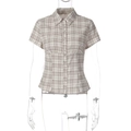 Detail view of the brown and beige plaid pattern on short sleeve button-up shirt - S / Brown