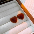 Brown flocked heart stud earrings displayed in a wooden jewelry box with soft lining - 99# Coffee Flocked Heart