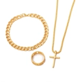 Polished golden cross pendant necklace with matching Cuban chain bracelet and ring set - 6017 Hollow Cross Ring 3-Piece Set / Gold