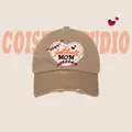 Gorra de béisbol de algodón caqui con parche de corazón Softball MOM y borde desgastado - Caqui