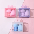 Three makeup sponge sets with handles and teardrop shapes in pink, purple, and blue colors - Mushroom Head + Makeup Egg + Packaging Box / Blue