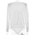 Elegant white long sleeve bodysuit with draped neckline on transparent mannequin - S / White