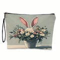 Easter rabbit makeup bag with colorful eggs and flower pot print on white canvas - White Background Flower Pot and Bunny Ears