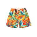 Badeshorts für Jungen mit tropischem Blumenmuster in Orange und Rot und Kordelzug - 152 / Orangenes Blattmuster