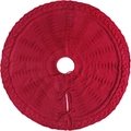 Red knit Christmas tree skirt with cable pattern and ties on white background - Red Knit Tree Skirt