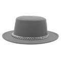 Cappello boater grigio in feltro di lana con catena d'argento decorativa per donna - M (56-58cm) / Grigio