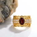 S925 silver 18K gold ring featuring a large red oval garnet and white side stones - Natural Garnet Wide Band Ring LR096