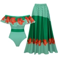 Set mare due pezzi verde con body floreale e gonna lunga a vita alta per donna elegante - S / Set Gonna con Spalle Scoperte