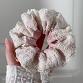 Pink fabric scrunchie with cream lace edge and vintage floral print for hair styling - Double Lace Pink