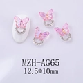 Macro detail of 12.5x10mm pink glass butterfly nail charm with silver diamond ring base - Pink Butterfly Silver Base (AG65)
