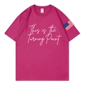 T-shirt rosa fucsia a maniche corte con scritta bianca e toppa con bandiera americana - S / Rosa Rosso
