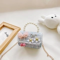Mini blue tweed pearl handbag for girls featuring love charm and floral accents - Blue with Camellia Bow