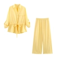 Women's yellow safari lounge set featuring lapel long sleeve shirt and trousers - Yellow Set