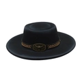 Black wide brim fedora hat with bull head metal buckle and woven leather band decor - One Size / Black