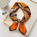 Elegant satin square scarf with vintage heraldic print in bright orange and chocolate brown - Bead Rope Flower Orange