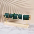 Solid wood T-bar jewelry stand with dark green velvet and gold metal support - 1-Tier Green