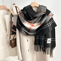Checkered winter scarf with tassels and Good Luck patch on a beige wool coat - British Plaid Black and Grey