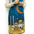 Blue and gold kitchen apron with mosque, moon, and camel print for festive baking - Golden Castle Apron 3-Piece Set