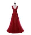 Elegant sleeveless red V-neck evening gown with lace appliques and sequins - S / Burgundy