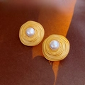 Vintage style gold earrings with white pearl center and textured circles on classic book - Golden Round Style (5# Silver Needle)