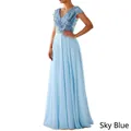Sky blue sleeveless V-neck sequined evening gown with chiffon patchwork and high waist - Sky Blue / S
