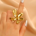 Exaggerated golden floral hollow ring for women with 3D liquid metal textured petals - Gold (9848)