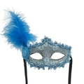 Elegant blue lace masquerade mask featuring vibrant feathers and sequin embellishments - Blue