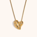 Elegant 18K gold plated heart necklace with zircon flower pattern and snake chain - Gold Rhinestone Heart Pendant Necklace