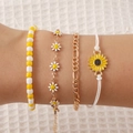 Set of four floral bracelets featuring yellow and white daisies with gold chain accents - Yellow - Bracelet