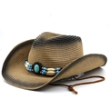 Western gradient woven straw cowboy hat with turquoise bead band and chin strap - Turquoise Band Gradient Style / Khaki Black