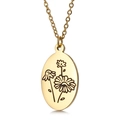 Golden oval stainless steel pendant necklace with engraved flower on white background - April Daisy (KN227549-Z)