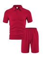 Set sportivo rosso da uomo in maglia a nido d'ape con polo a maniche corte e pantaloncini - Borgogna