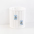 White cylindrical pen holder with knitted texture and blue bear figures for desk storage - Bear