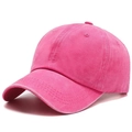 Close-up of rose pink washed cotton baseball cap with detailed stitching and curved brim - Rose Red