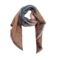 Detailed view of colorful striped scarf with soft boucle yarn texture and fringe trim - Stripe Blue Khaki