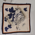 Elegant beige silk scarf featuring blue roses and dragonflies with navy orange borders - Large Peony Floral Navy Blue Square Scarf / 65