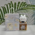 White rabbit digital alarm clock with soft LED night light and matching gift packaging - Shy Rabbit (White) + Checkered Bear Bag