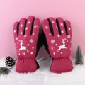 Winter rose red waterproof ski gloves for women featuring deer and snowflake patterns - Fleece Reindeer Snowflake Print / Women's Printed Fuchsia