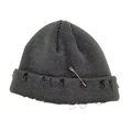 Detail of dark grey distressed knit beanie with metal safety pin and triple rings decor - Gray