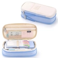 Large capacity canvas pencil case with macaron blue and cream white compartments - Canvas Sky Blue