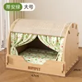 Large green wooden pet house for cats with sisal roof and floral curtains - Large / Dian Green