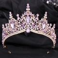 Macro detail of bridal crown featuring leaf motifs and purple crystals on gold - KC Gold White & Lavender Rhinestone